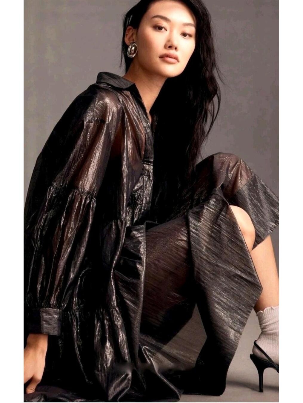 Anthropologie Pilcro Metallic Long Sleeve V-Neck High-Low Shirt Dress Black M
